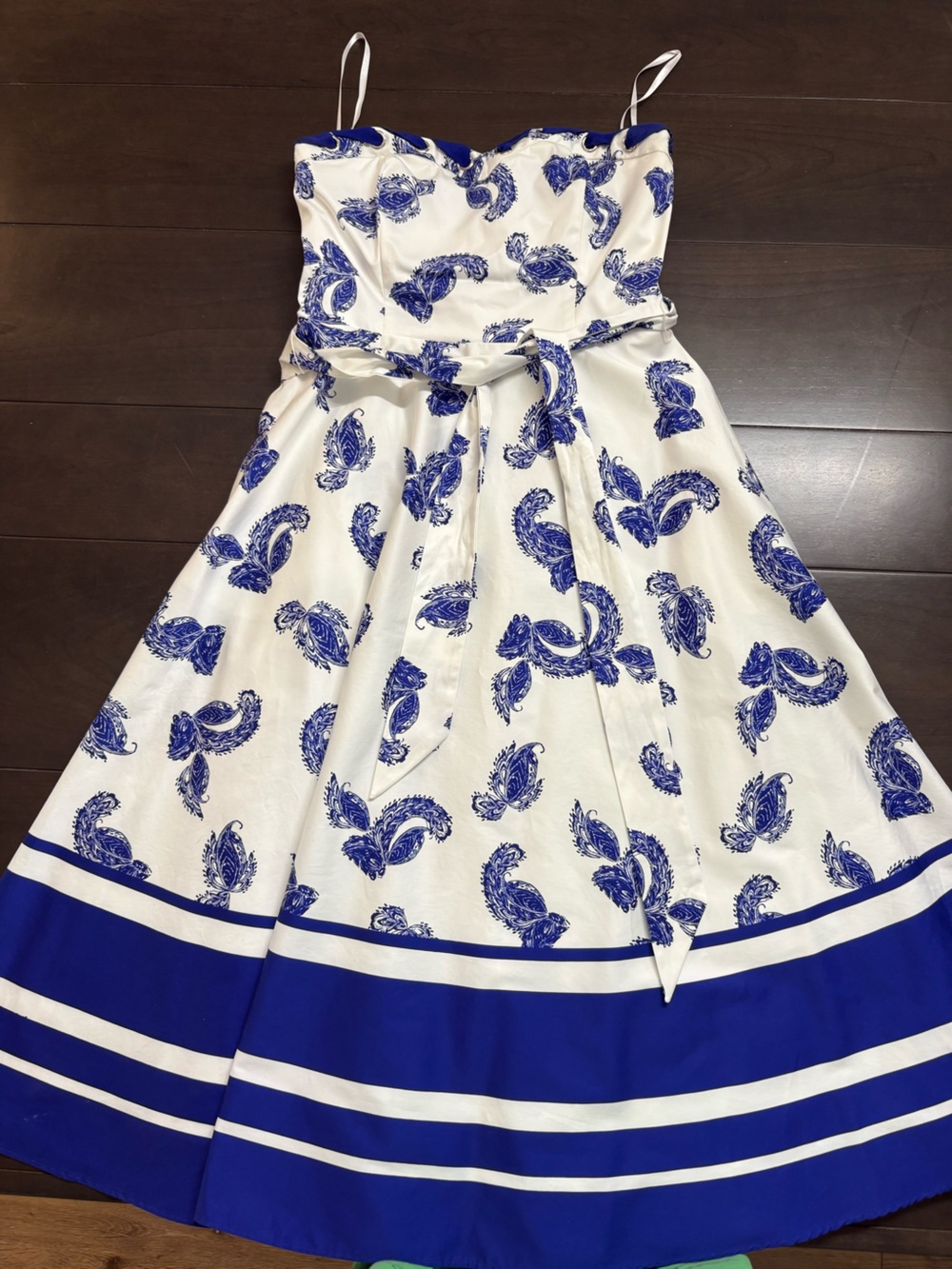 White House Black Market White and Blue Paisley Strap Sundress with Waist Tie